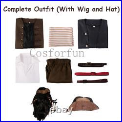 Pirates of the Caribbean Captain Jack Sparrow Cosplay Costume Jacket Hat Wig