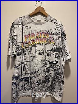 Vintage 90s Disney Pirates of the Caribbean Large AOP Shirt USA All Over Print