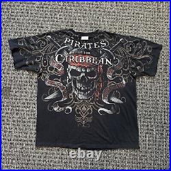 Vintage Disney Pirates of the Caribbean T Shirt Size XL Skull All Over Print AOP