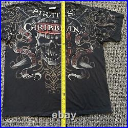 Vintage Disney Pirates of the Caribbean T Shirt Size XL Skull All Over Print AOP