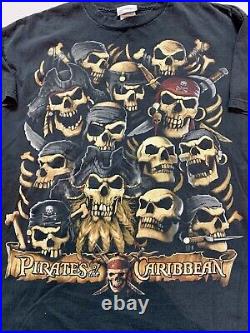 Vintage Pirates Of The Caribbean Walt Disney World Black Skull T Shirt Size XL