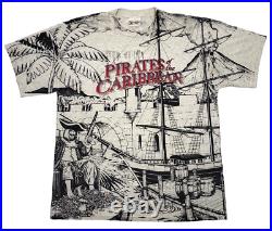 Vtg 90s Walt Disney Pirates of the Caribbean XL Adult T-Shirt USA All Over Print