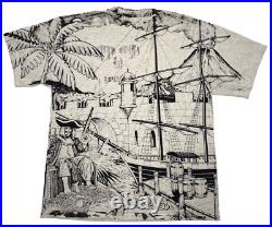 Vtg 90s Walt Disney Pirates of the Caribbean XL Adult T-Shirt USA All Over Print